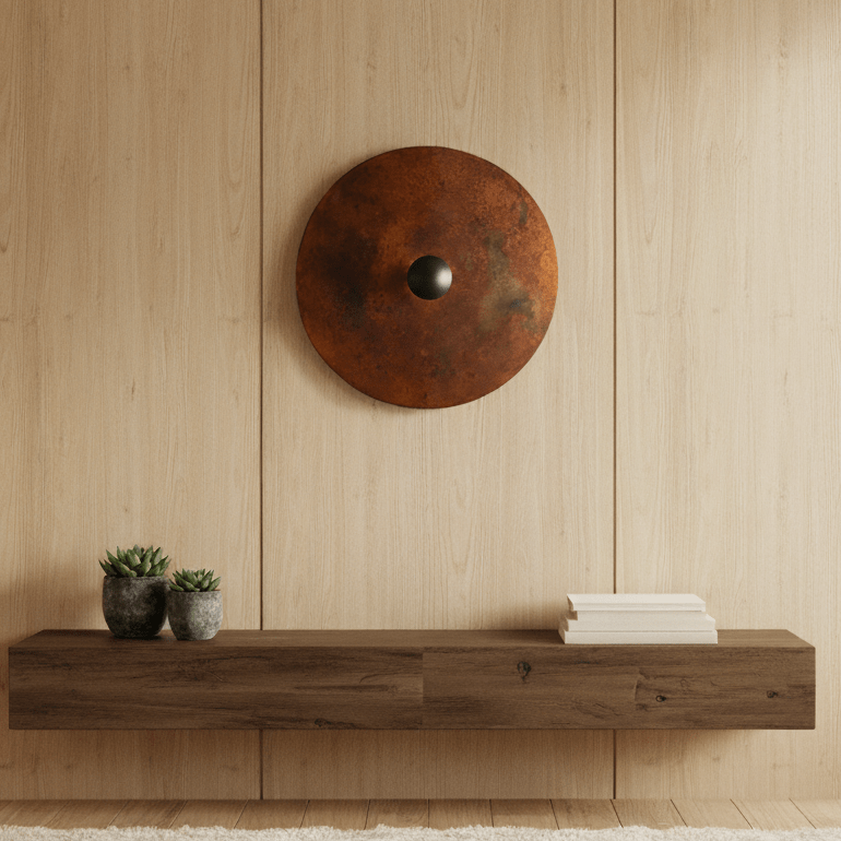 Applique Rovelli rouile sur un mur en bois dans un intérieur contemporain. pièce unique de l'Atelier Maus