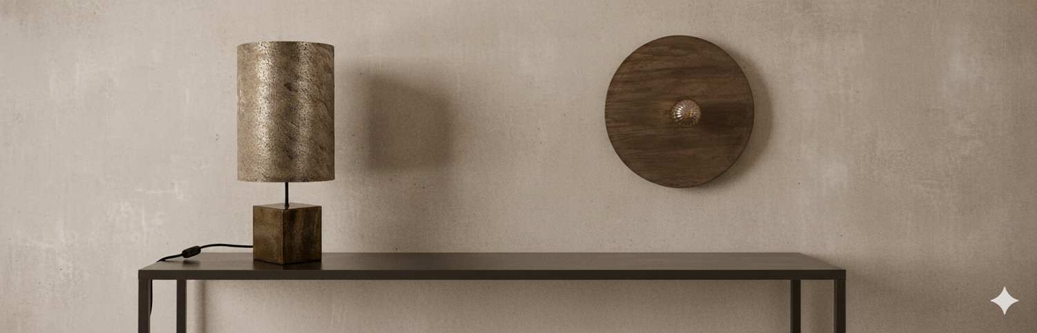 Lampe artisanale et  applique design  sur une console contre un mur en béton ciré