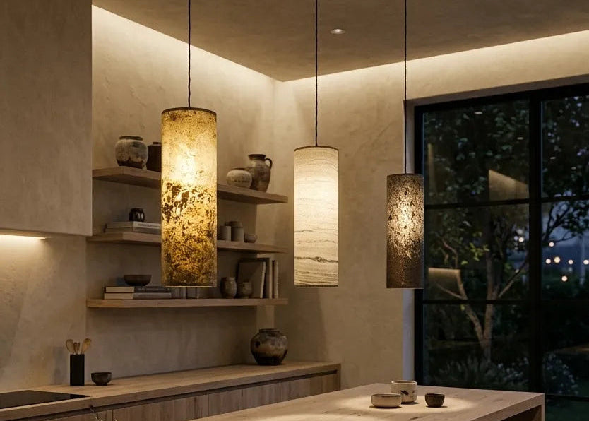 3 suspensions en ardoise, arbre et mica allumées au dessus d'un comptoir dans un intérieur contemporain. Swan par l'atelier Maus