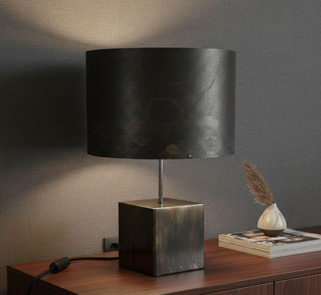 Lampe Cassini de l'atelier Maus au piétement cubique en acier noir et abat jour en feuille d'ardoise arc-en-ciel ou ardoise indienne