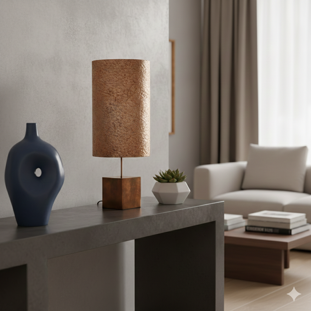Lampe artisanale Halley de Atelier Maus sur une console béton dans un interieur design contemporain