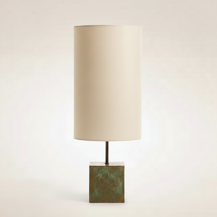 Lampe à poser Halley Aura avec cube en acier poudre de bronze et abat-jour en feuille de mica blanc, hauteur 57 cm