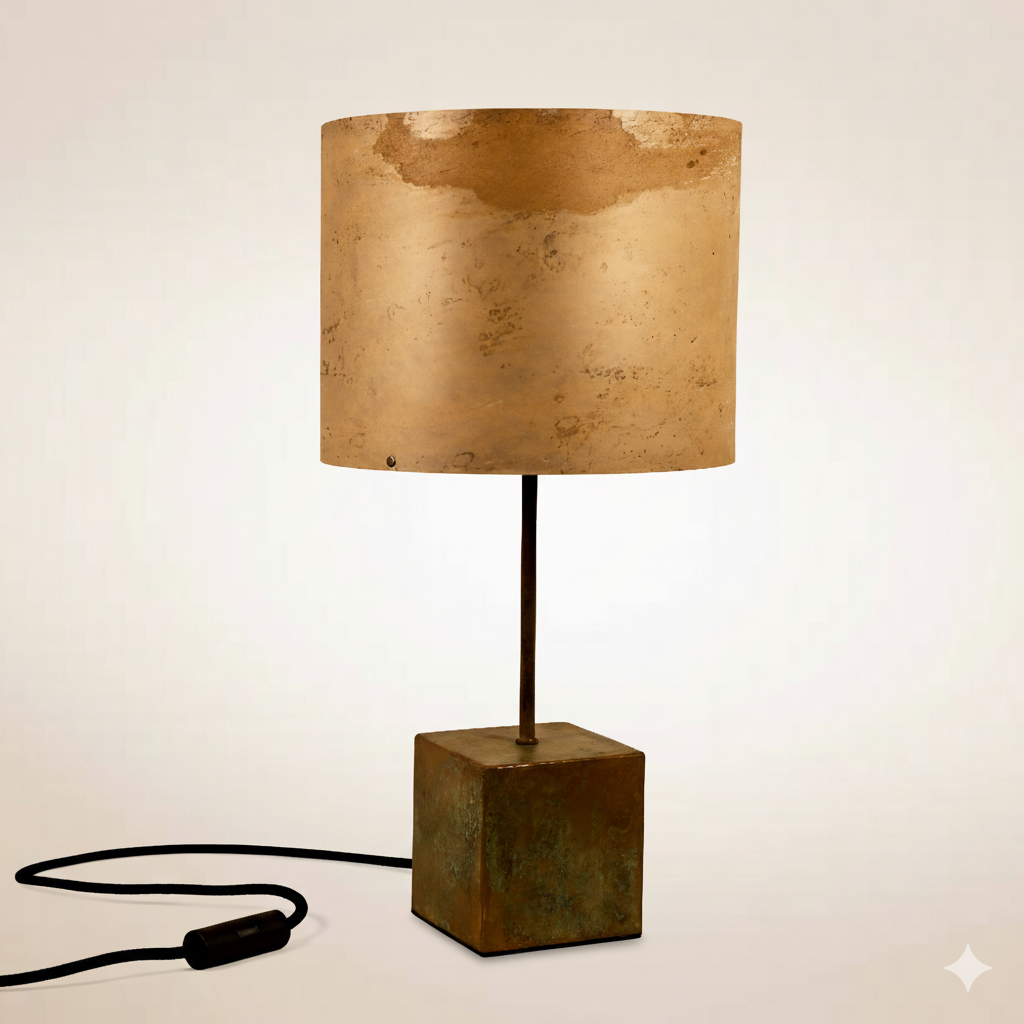 Lampe à poser Képler Halo avec piètement en laiton patiné vert de gris et abat-jour en feuille d'ardoise Tan