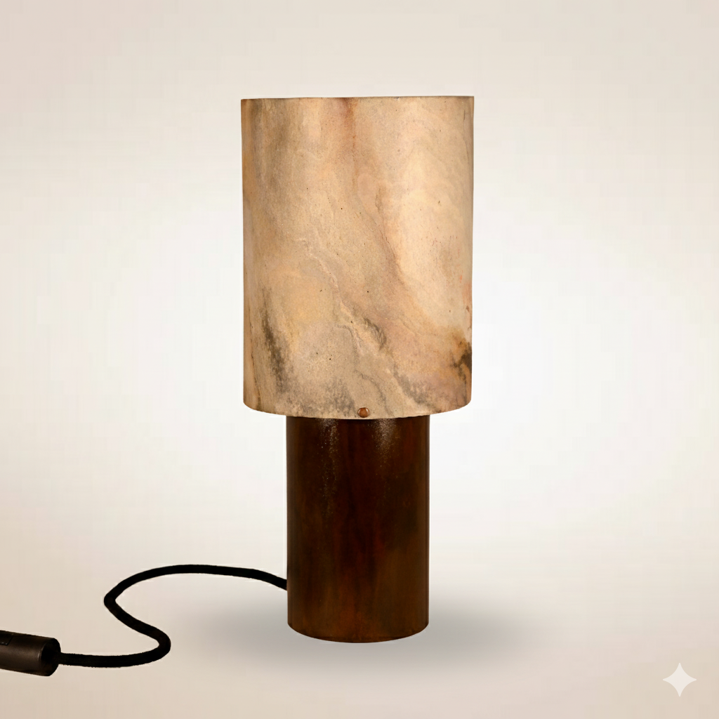 Lampe à poser Wilkins en acier oxydé rouille avec abat-jour en feuille de pierre de lune, hauteur 37 cm