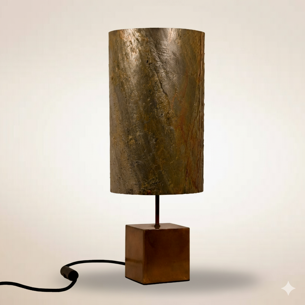 Lampe à poser Halley Aura avec piètement en acier cuivré et abat-jour en mica burning forest aux reflets colorés