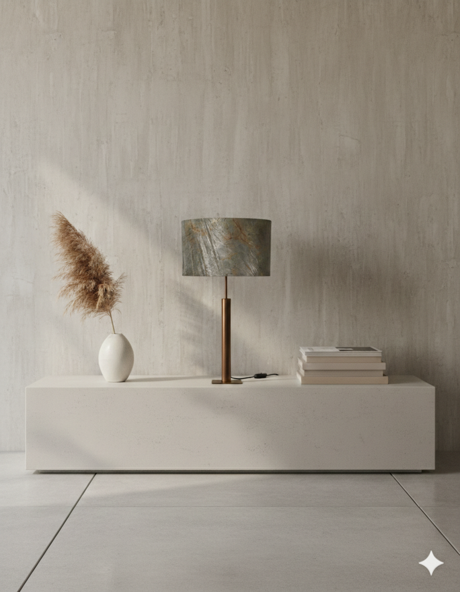 Lampe rosalynd de Atelier Maus dans un interieur sobre et chic contre un mur en béton ciré gris