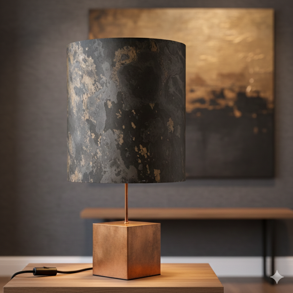 Lampe cassini artisanale fabriquée en france par atelier Maus dans un bureau contemporain sur une console design en bois clair.