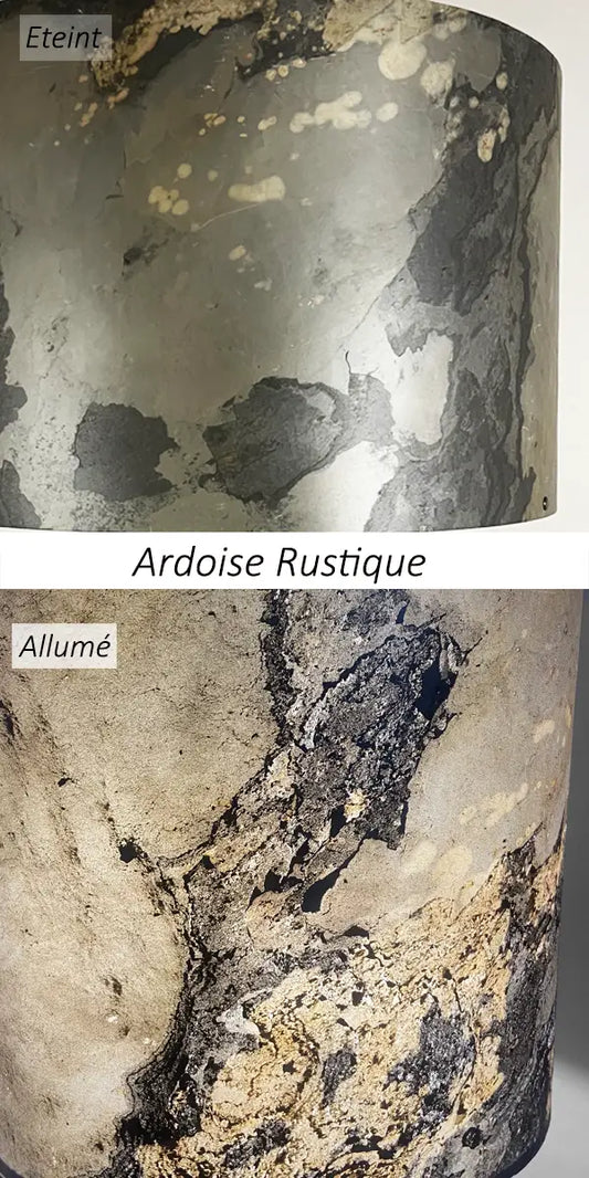 Vues de détail de la feuille d'ardoise rustique  éteinte et éclairée, le nomde la feuille de pierre figurant au centre de l'image