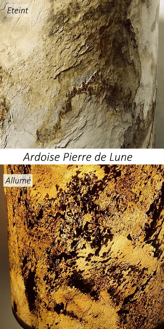 Vues de détail de la feuille d'ardoise pierre de lune  éteinte et éclairée, le nom de la feuille de pierre figurant au centre de l'image