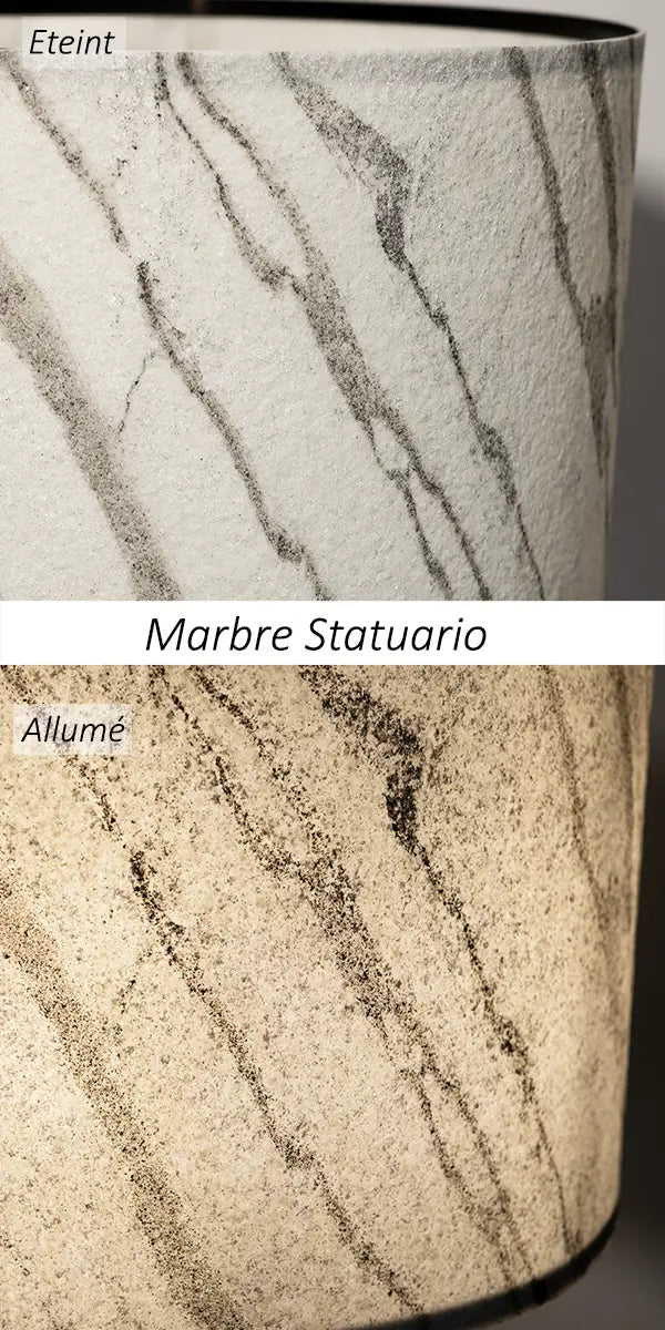 Vues de détail de la feuille de marbre   statuaire éteinte et éclairée, le nom de la feuille de pierre figurant au centre de l'image