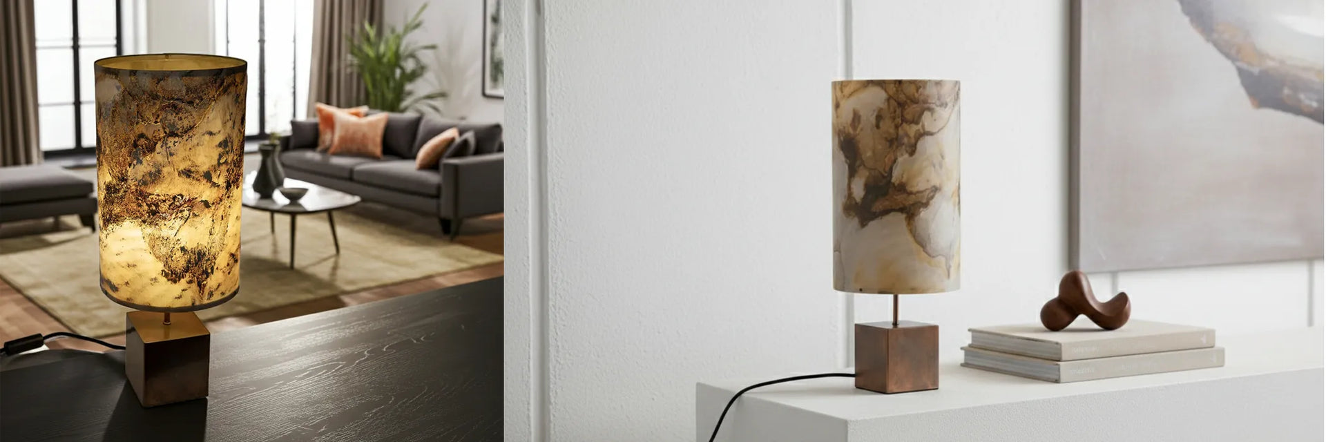 Lampe Halley en acier cuivré et feuille d'ardoise pierre de lune . Atelier Maus