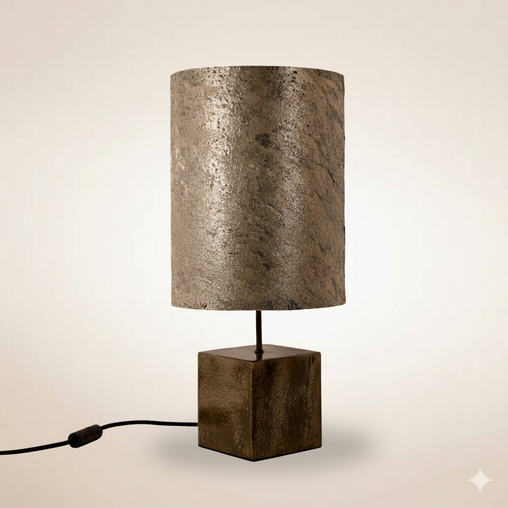 Lampe à poser Halley Aura avec piètement en acier patiné noir et brun, abat-jour en feuille de mica argenté