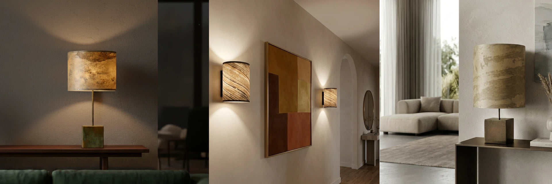 Trois images de lampes et applique de l'atelier Maus dans des interieurs contemporain au style minimaliste